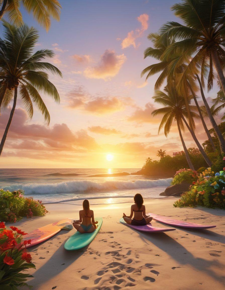 A serene beach scene at sunset, with people enjoying the vibrant colors of the sky while practicing yoga and sharing laughter, symbolizing happiness and tranquility. Surrounding them are lush green palm trees and colorful tropical flowers, capturing the essence of the Vadu lifestyle. Brightly colored surfboards scatter along the shore. super-realistic. vibrant colors. 3D.