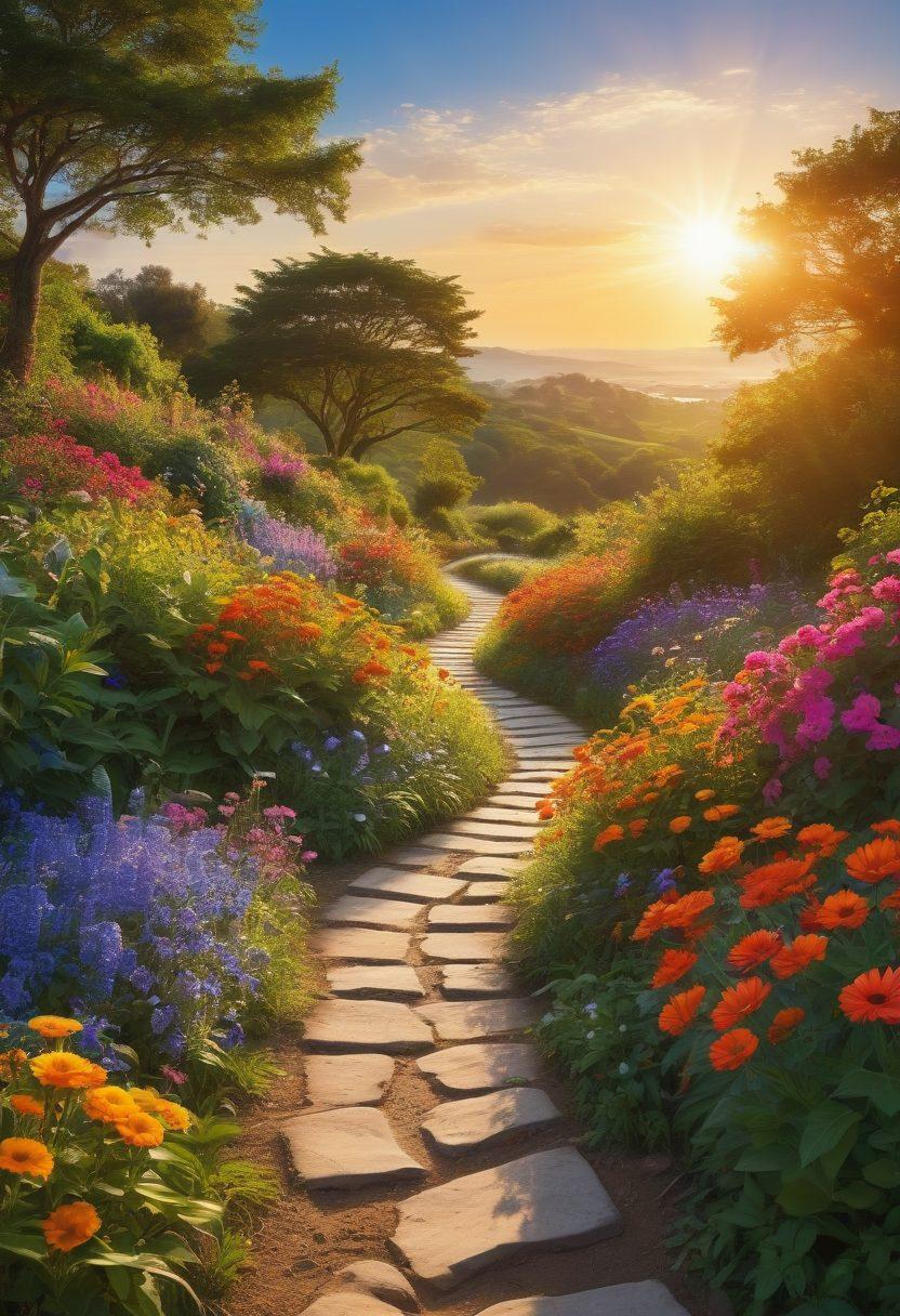 A serene landscape featuring a winding path under a bright blue sky, flanked by lush greenery and colorful flowers. Along the path, silhouettes of joyful people engaging in various activities - meditating, laughing, and sharing moments of happiness. In the background, a radiant sun rises, symbolizing hope and positivity. The scene should evoke a sense of tranquility and bliss, inviting viewers to embrace the concept of cheerful living. vibrant colors. super-realistic.