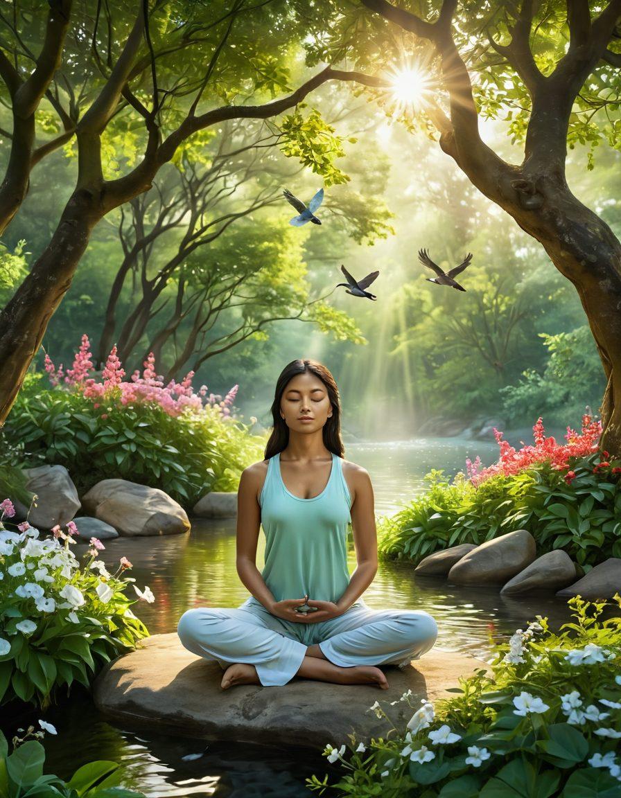 A serene figure meditating in a lush green landscape, surrounded by fragrant flowers and soft sunlight filtering through trees, symbolizing peace and radiance. Incorporate elements like a flowing river and birds soaring above, to evoke a sense of joy and freedom. Emphasize vibrant colors and a joyful atmosphere that embodies the essence of the Vadu lifestyle. super-realistic. vibrant colors. peaceful setting.